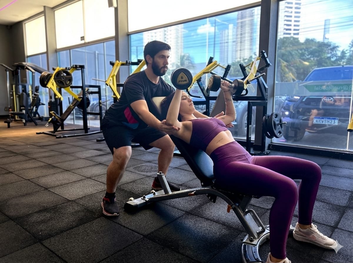 Gabriel Brites auxiliando aluna durante o treino